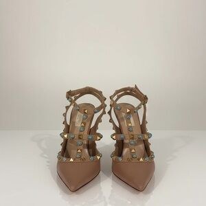 Valentino Rockstud  beige pebbled leather with gold and turquoise studs. EUC.